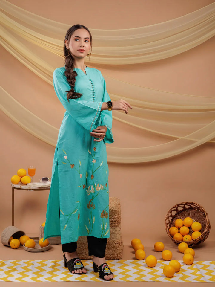 Sea-Green-Cotton-Hand-Floral-Print-Straight-Kurta