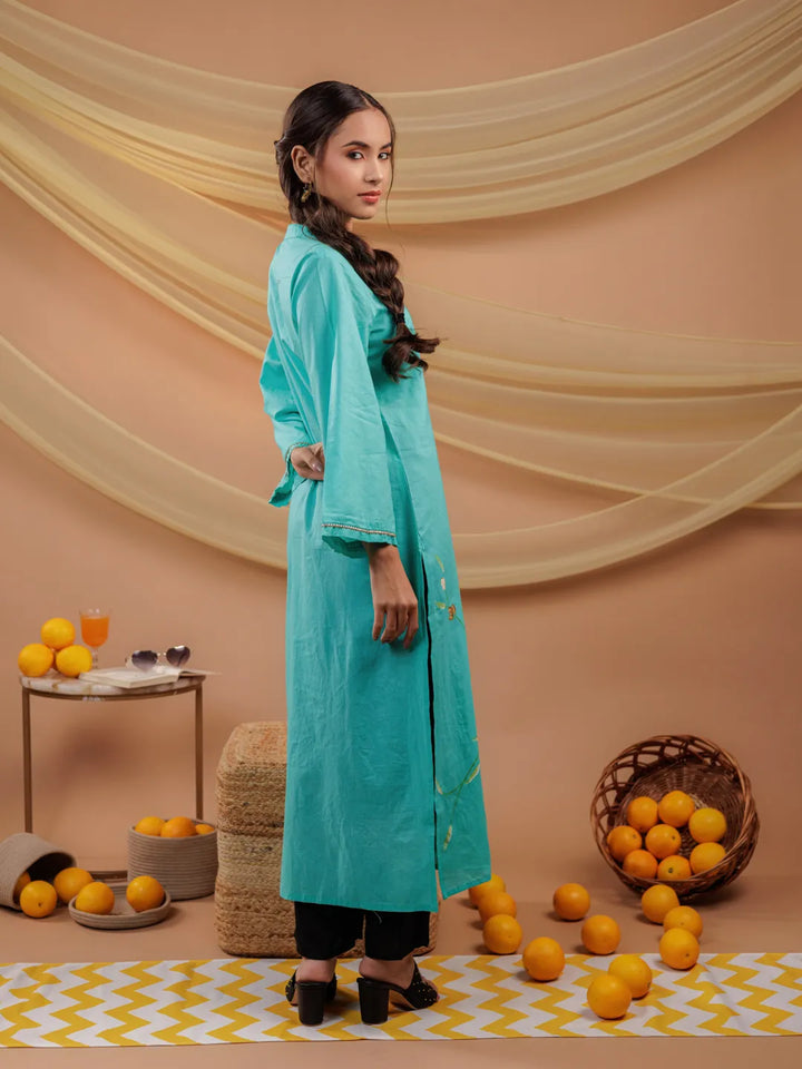 Sea-Green-Cotton-Hand-Floral-Print-Straight-Kurta