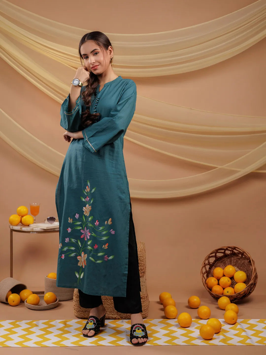 Teal-Blue-Cotton-Hand-Floral-Print-Straight-Kurta