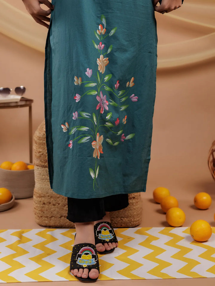 Teal-Blue-Cotton-Hand-Floral-Print-Straight-Kurta