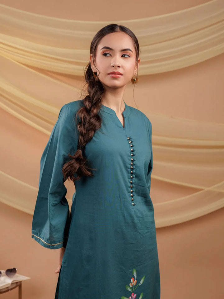 Teal-Blue-Cotton-Hand-Floral-Print-Straight-Kurta