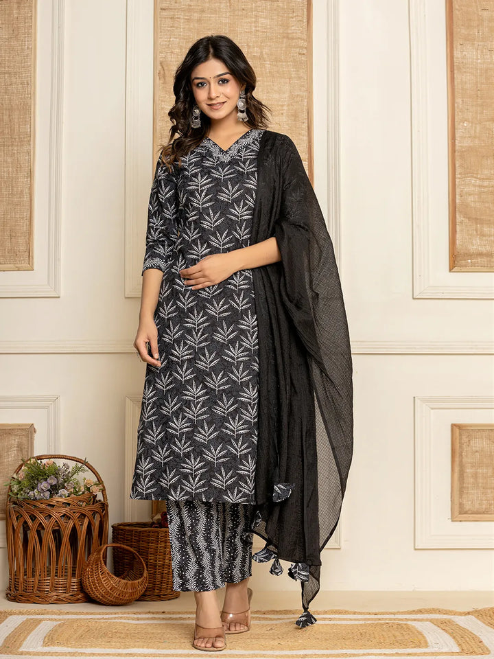 Black-Cotton-Floral-Print-Straight-3-Piece-Kurta-Set