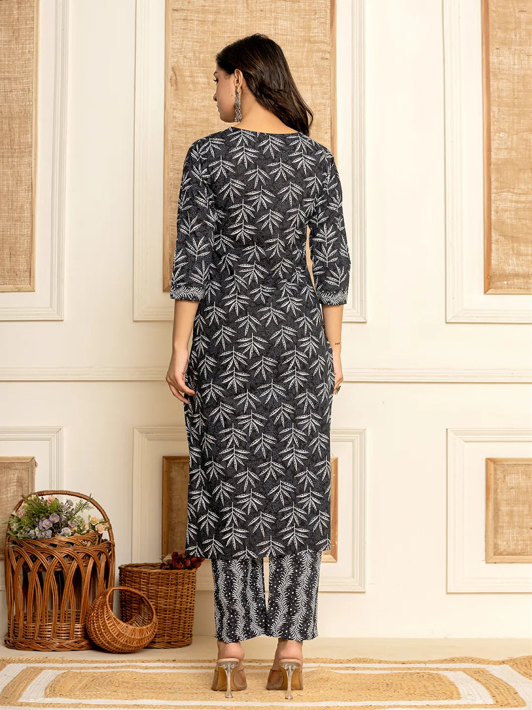 Black-Cotton-Floral-Print-Straight-3-Piece-Kurta-Set