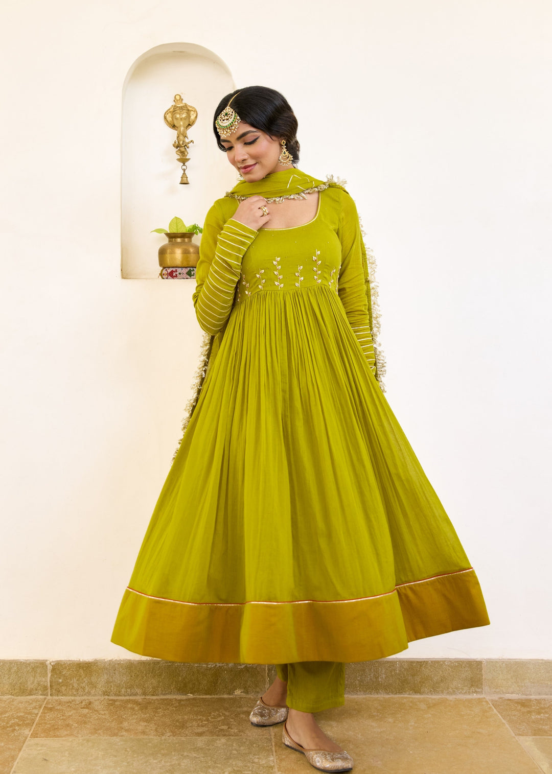 Olive-Green-Mulmul-Round-Neck-Anarkali-Set