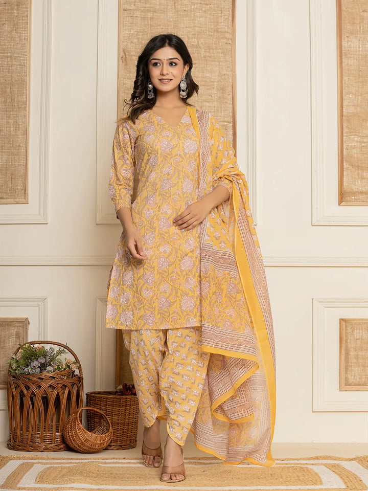 Yellow-Cotton-Floral-Print-Straight-Style-3-Piece-Kurta-Set