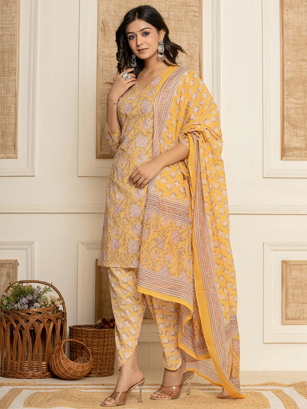 Yellow-Cotton-Floral-Print-Straight-Style-3-Piece-Kurta-Set