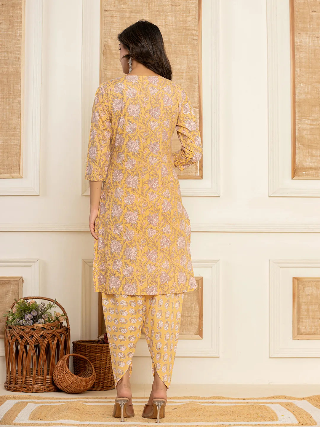 Yellow-Cotton-Floral-Print-Straight-Style-3-Piece-Kurta-Set