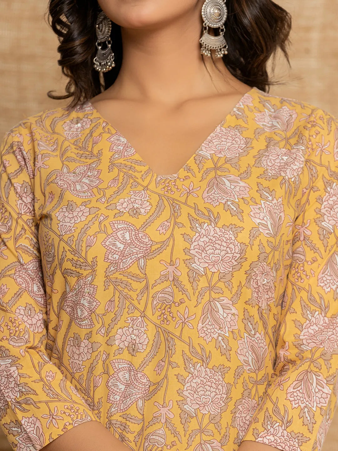 Yellow-Cotton-Floral-Print-Straight-Style-3-Piece-Kurta-Set