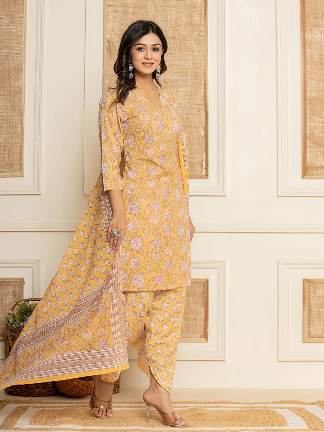 Yellow-Cotton-Floral-Print-Straight-Style-3-Piece-Kurta-Set