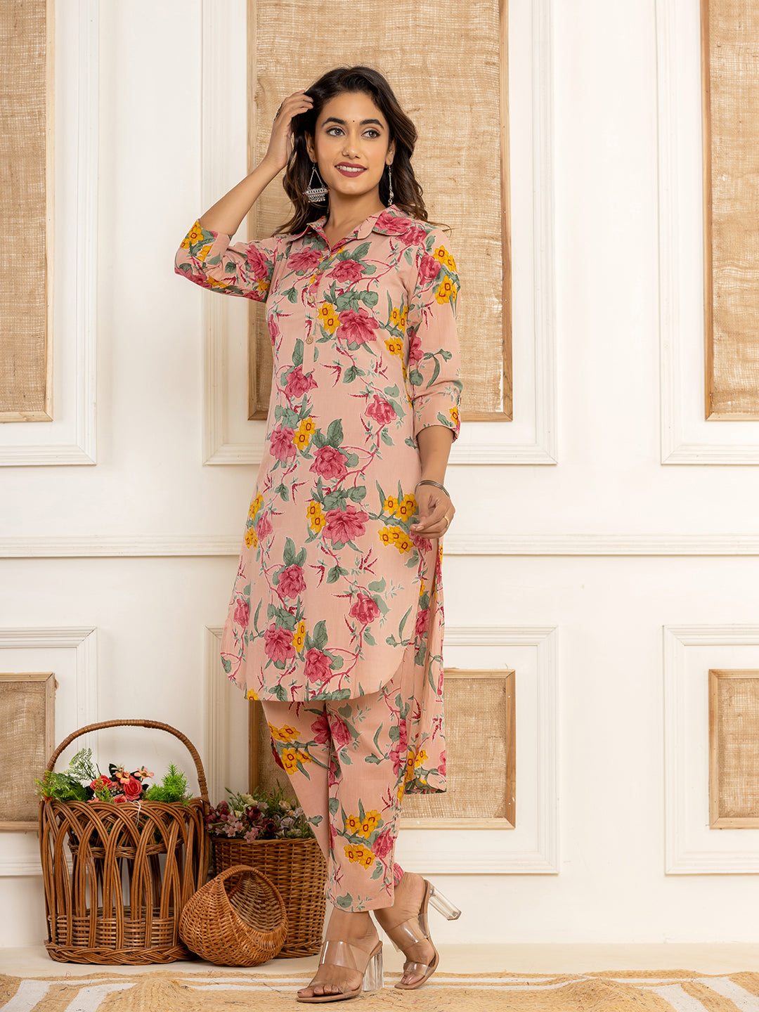 Pink-Cotton-Floral-Print-Striped-Print-Co-Ord-Set