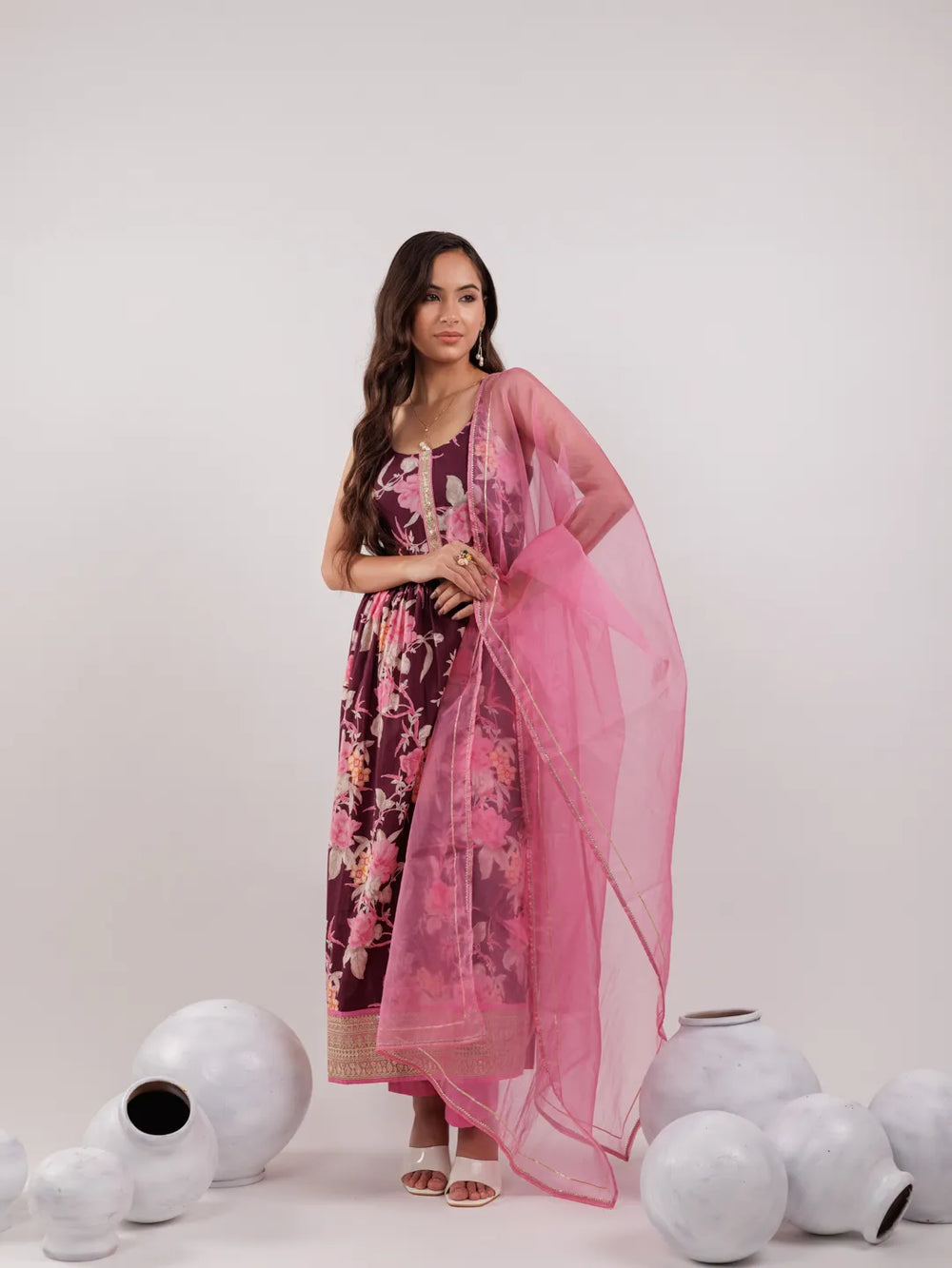 Burgundy-Cotton-Floral-Print-Fit-And-Flare-3-Piece-Kurta-Set