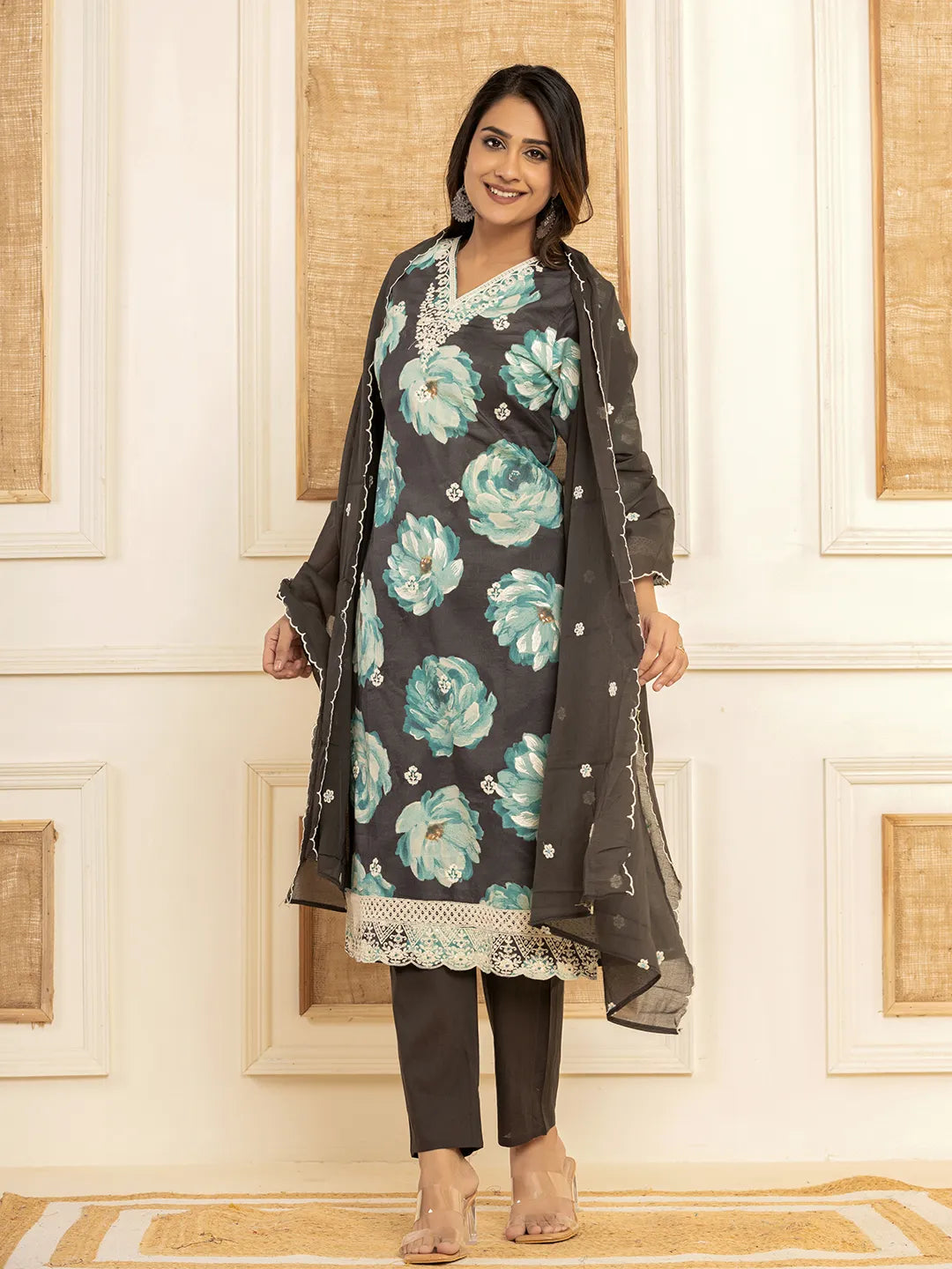 Black-Cotton-Floral-Print-Straight-Side-Slits-3-Piece-Kurta-Set