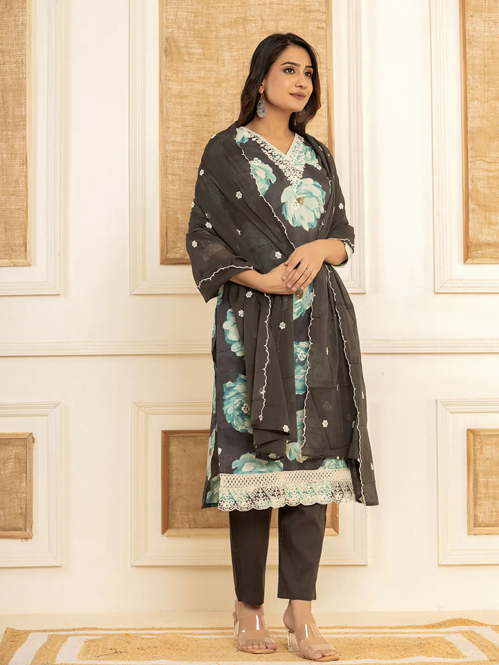 Black-Cotton-Floral-Print-Straight-Side-Slits-3-Piece-Kurta-Set