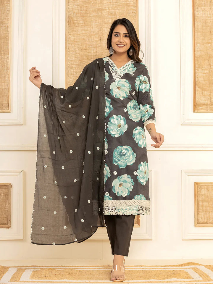 Black-Cotton-Floral-Print-Straight-Side-Slits-3-Piece-Kurta-Set