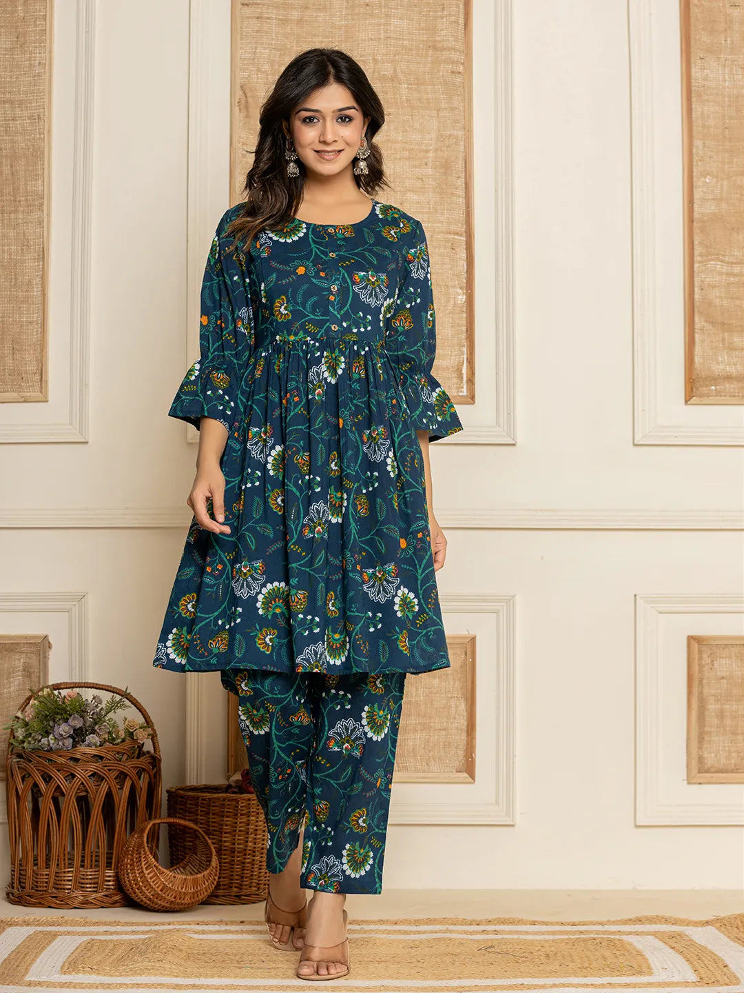 Blue-Cotton-Floral-Printed-Maternity-2-Piece-Kurta-Set