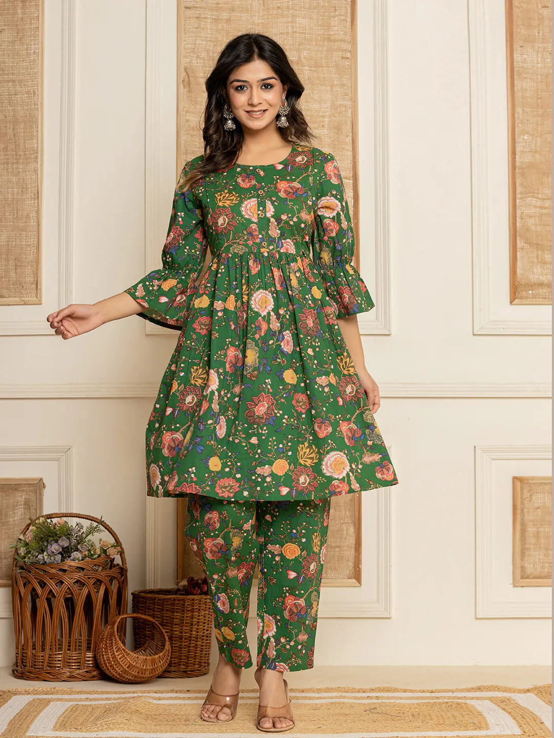 Green-Cotton-Floral-Printed-Maternity-2-Piece-Kurta-Set