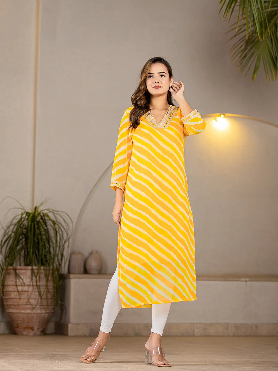 Yellow-Georgette-Abstract-Striped-Lehriya-Kurta