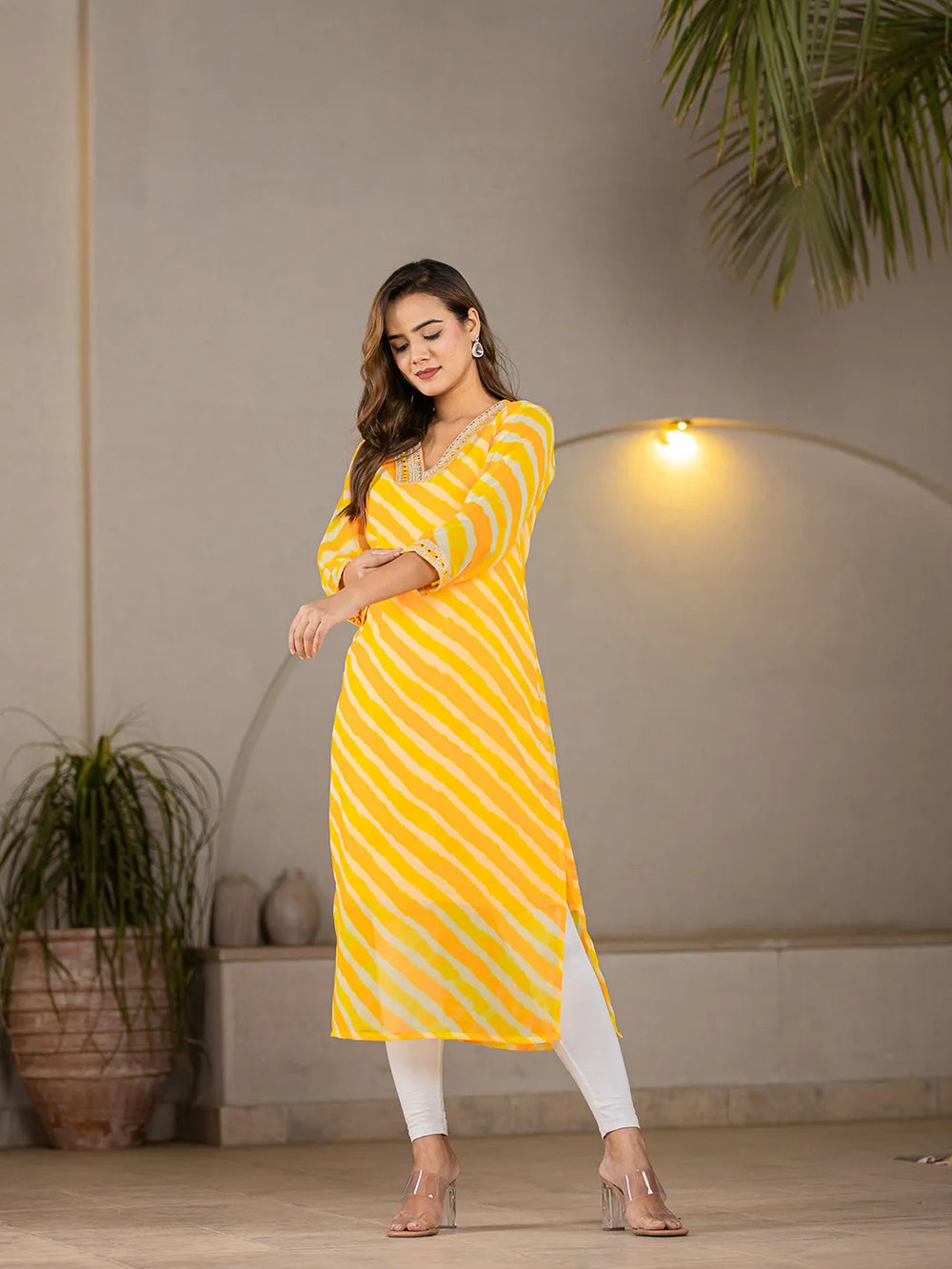 Yellow-Georgette-Abstract-Striped-Lehriya-Kurta