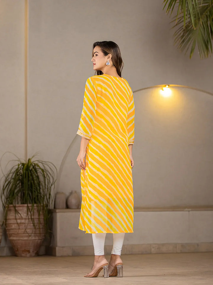 Yellow-Georgette-Abstract-Striped-Lehriya-Kurta