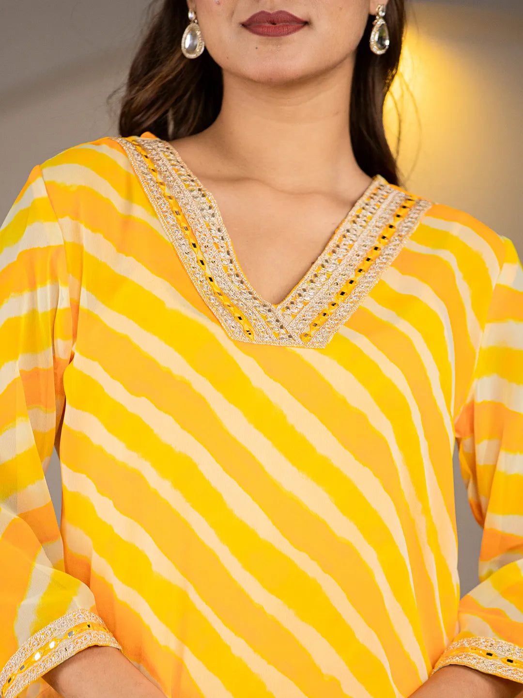 Yellow-Georgette-Abstract-Striped-Lehriya-Kurta