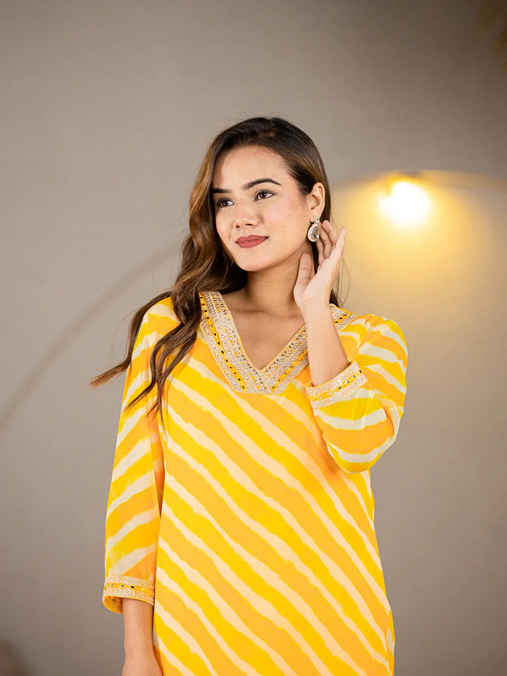 Yellow-Georgette-Abstract-Striped-Lehriya-Kurta