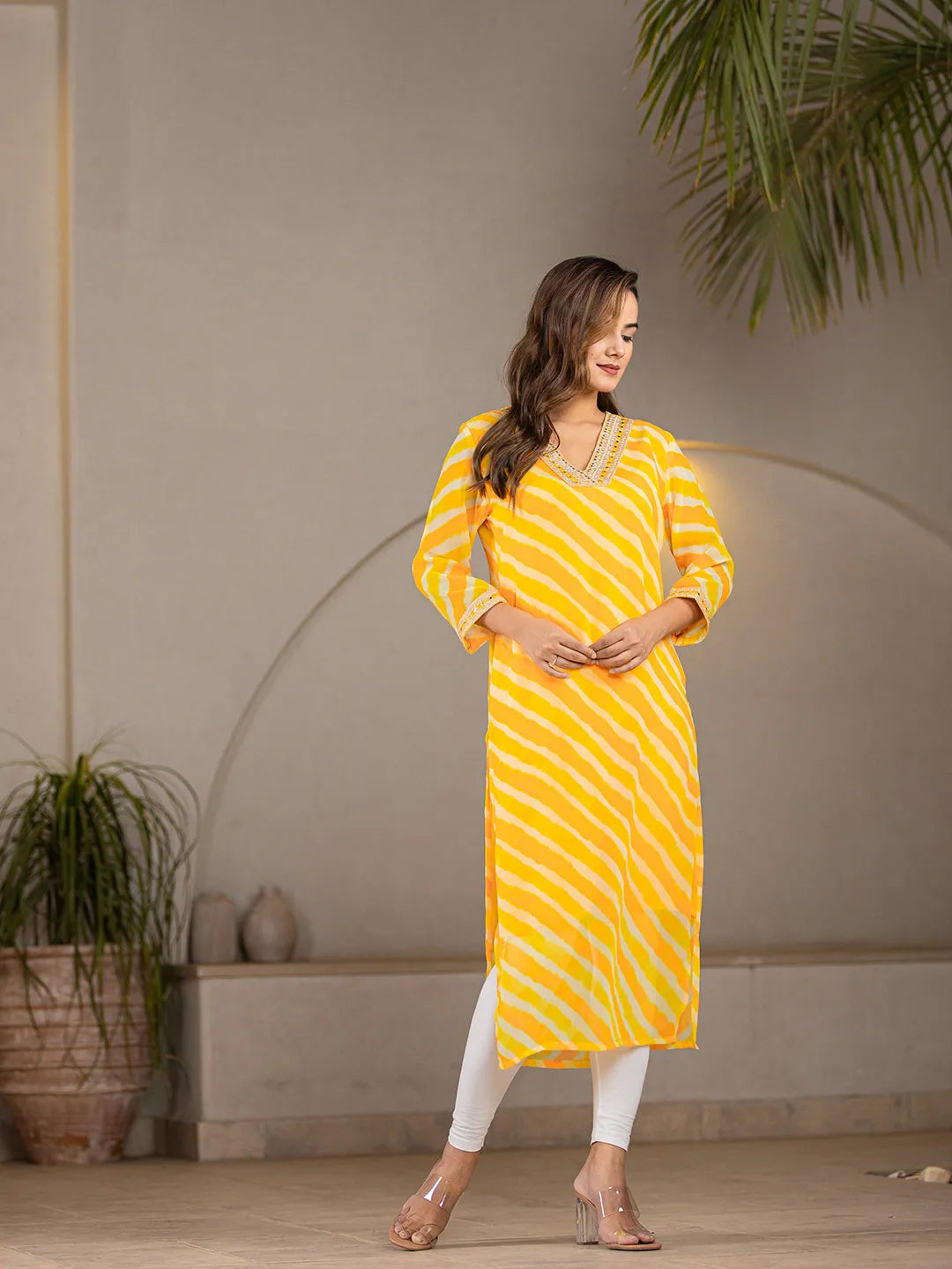 Yellow-Georgette-Abstract-Striped-Lehriya-Kurta