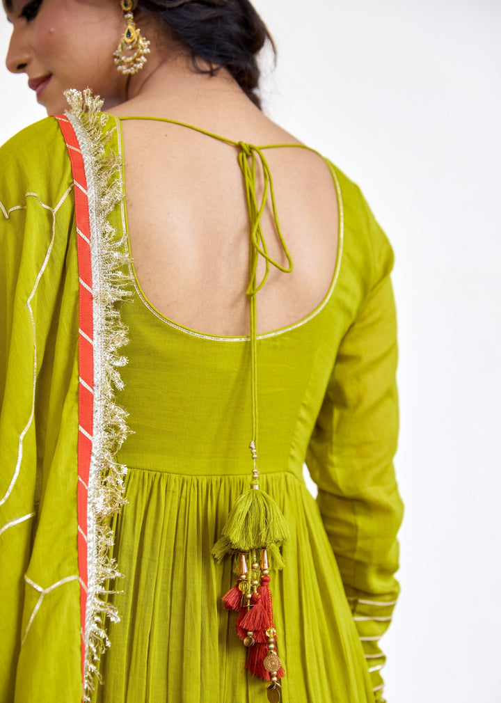 Olive-Green-Mulmul-Round-Neck-Anarkali-Set