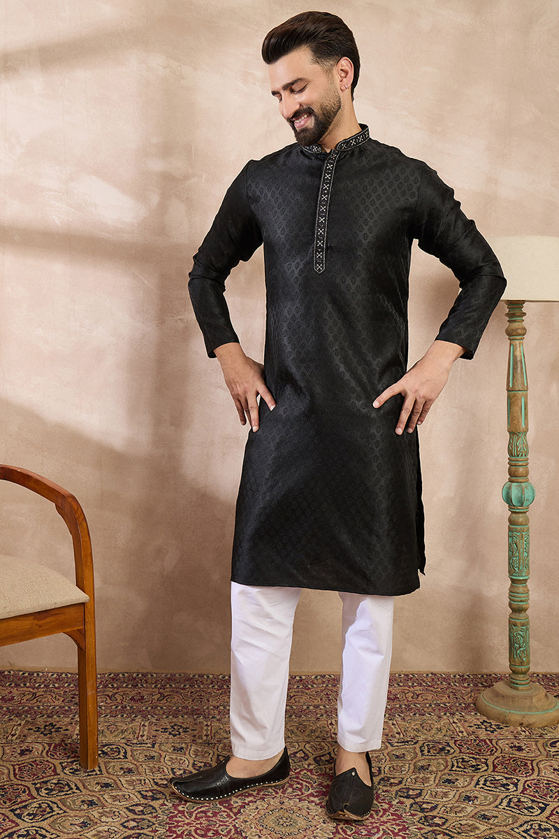 Mens Black Silk Blend Solid Woven Design Straight Kurta