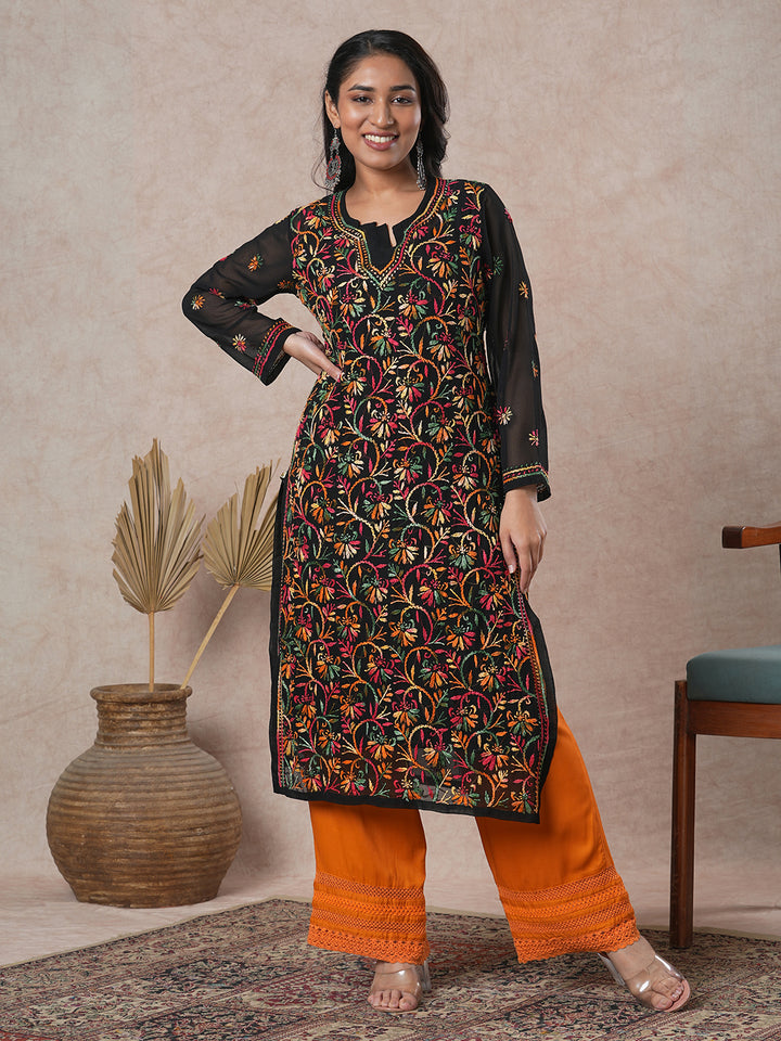 Black Embroidered Chikankari Kurta With Slip