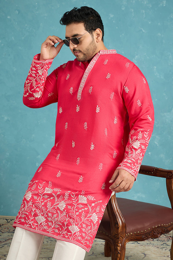 Mens Pink Silk Blend Solid Thread Work Embroidered Kurta