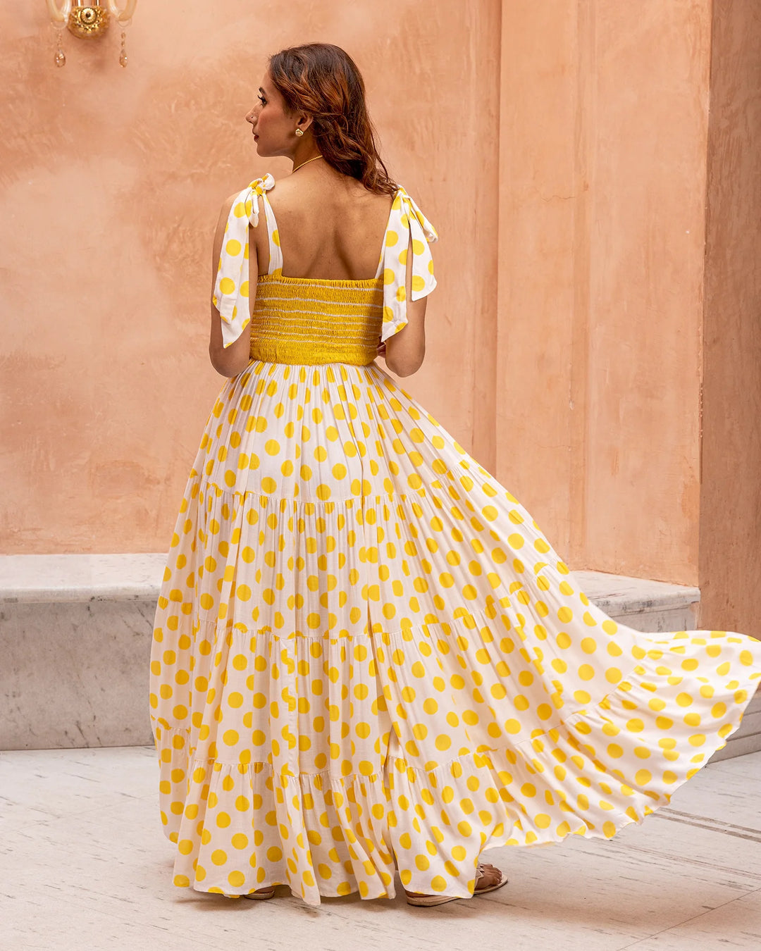 Yellow-Rayon-Smocked-&-Polka-Maxi-Dress