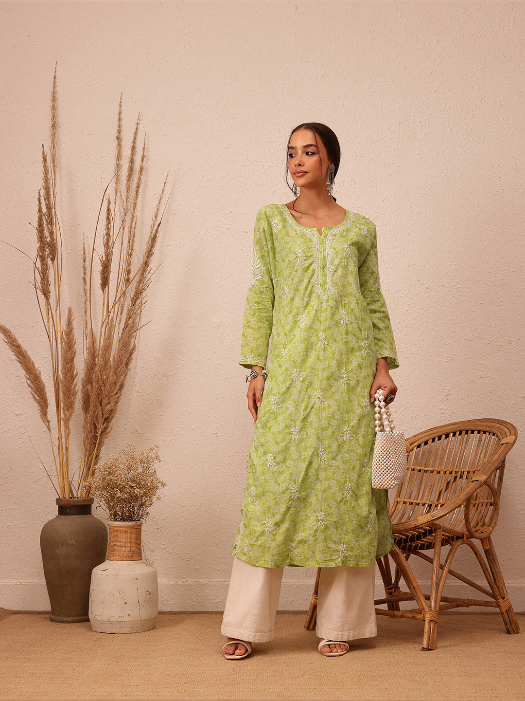 Green Cotton Lucknow Chikankari Kurta