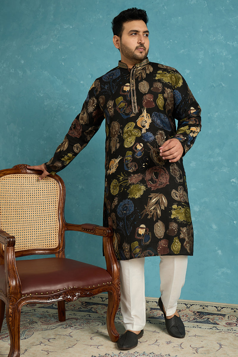 Mens Black Silk Blend Abstract Printed Kurta