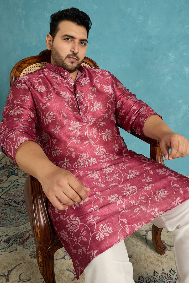 Mens Maroon Silk Blend Floral Printed Kurta