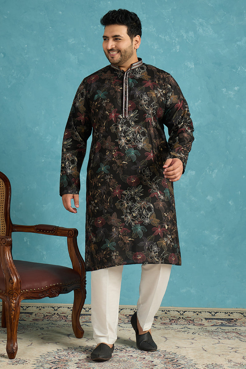 Mens Black Silk Blend Floral Printed Kurta