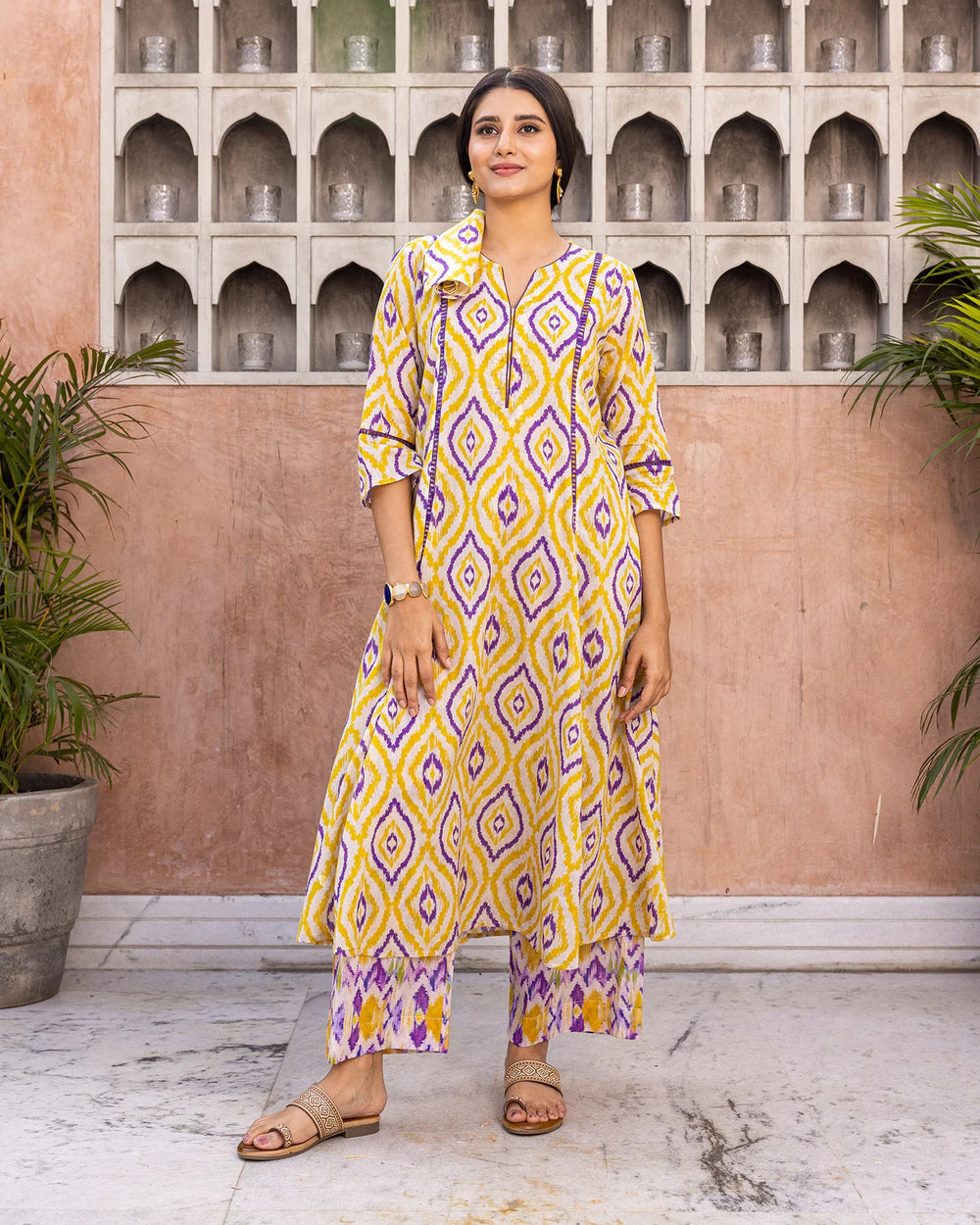 Yellow-Cotton-Ikat-A-Line-2-Piece-Kurta-Set