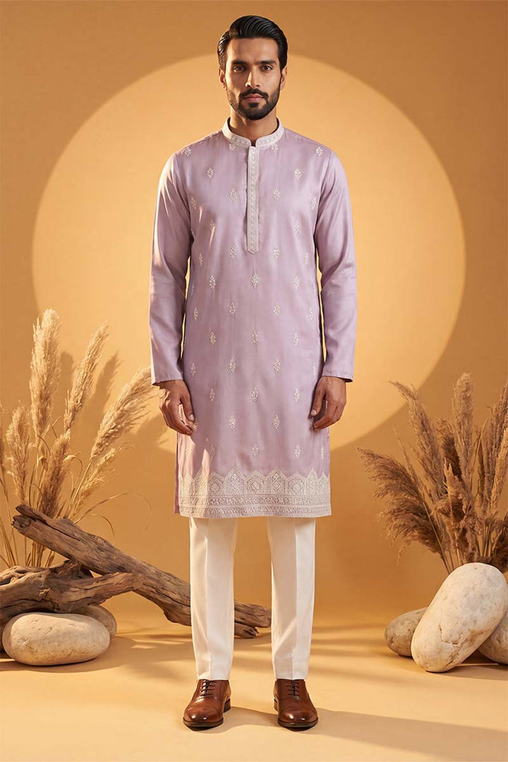 Mens Lavender Silk Blend Solid Embroidered Kurta