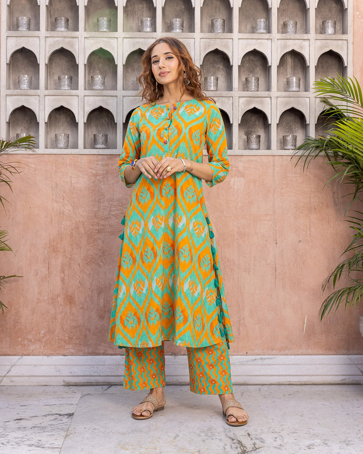 Orange-Cotton-Ikat-2-Piece-Kurta-Set