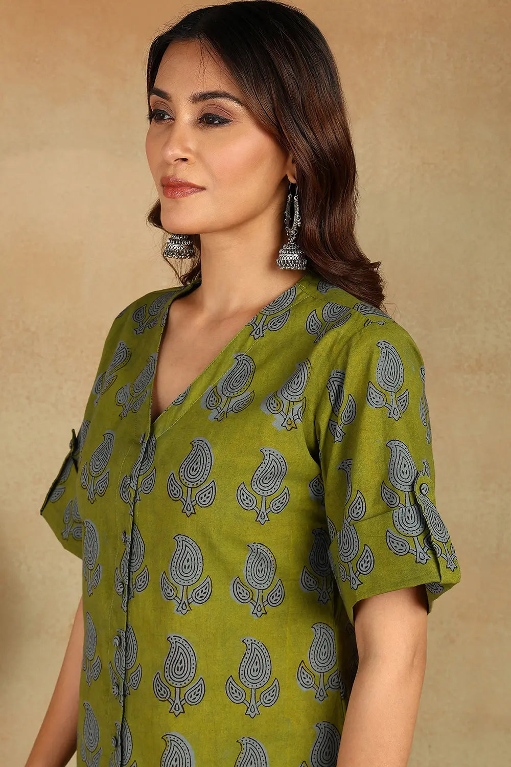 Bottle-Green-Cotton-Hand-Block-Printed-Bagru--Kurta