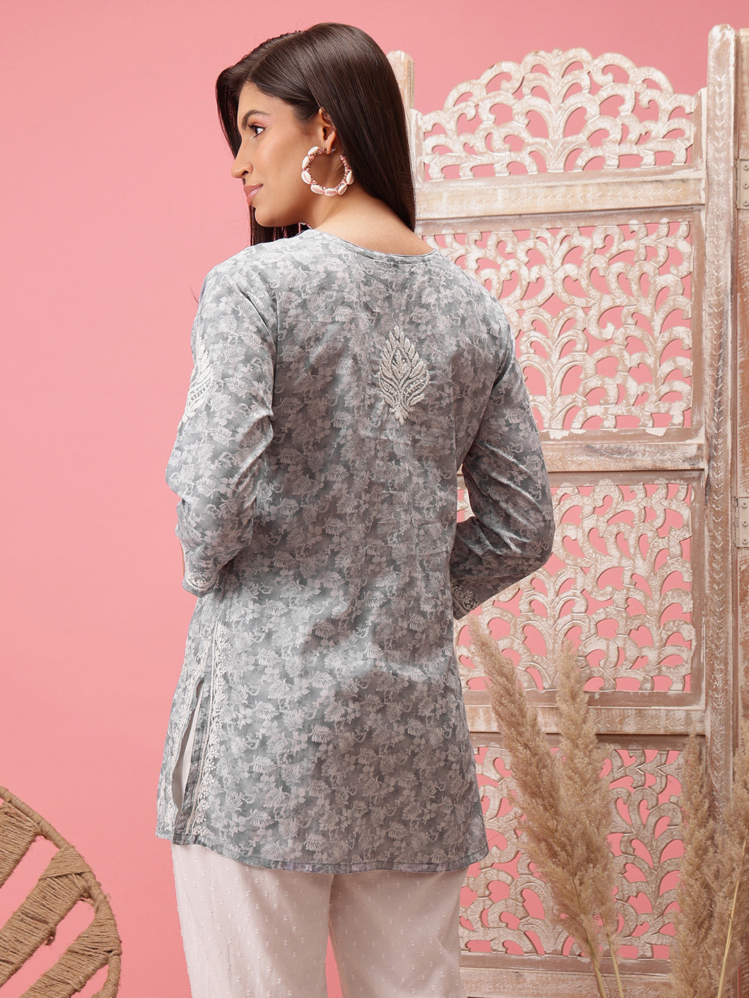 Grey Cotton Lucknowi Chikankari Kurti