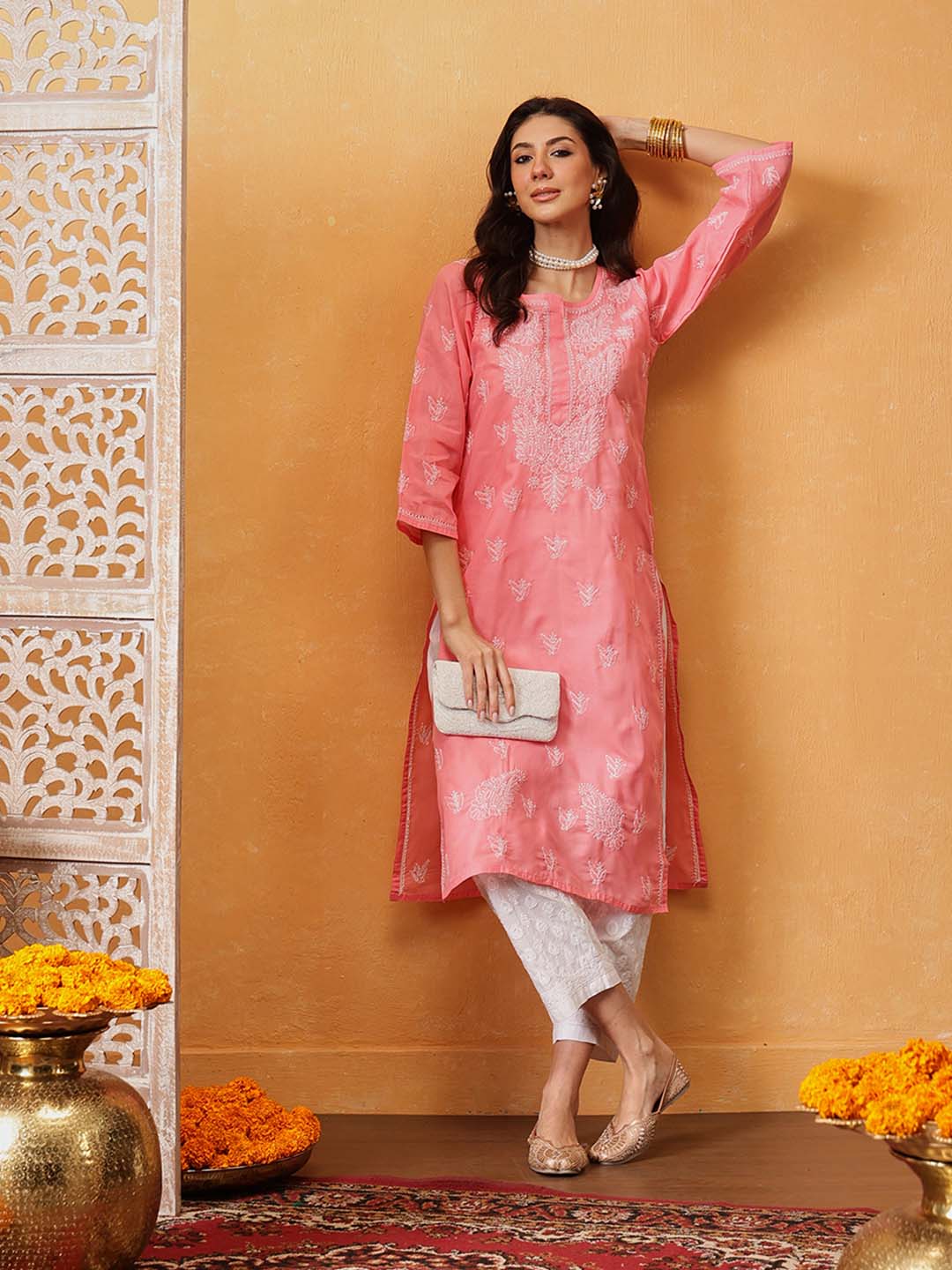Hand Embroidered Peach Chikankari Kurta