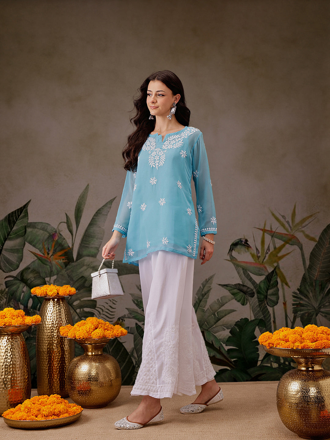 Sky Blue Poly Georgette Boho Tunic with Slip