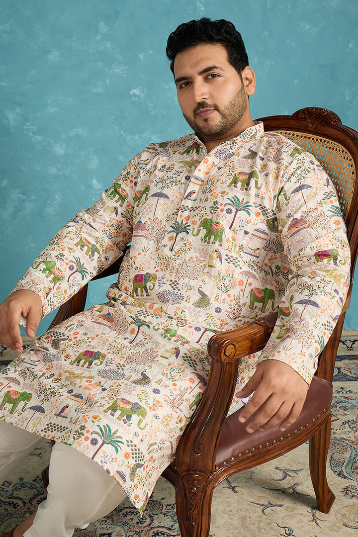 Mens Cream Viscose Rayon Ethnic Motifs Thread Work Printed Kurta