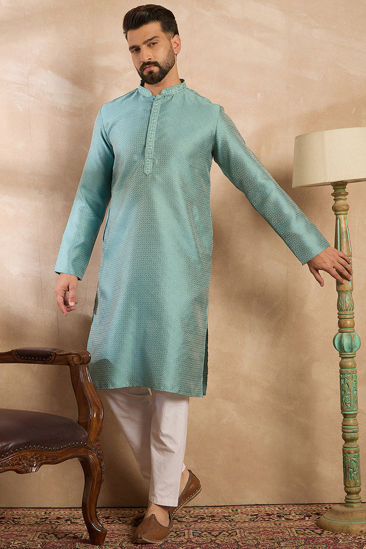 Mens Green Polyester Solid Embroidered Straight Kurta With Trouser