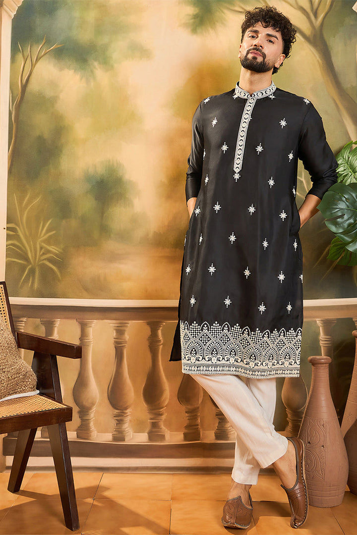 Mens Black Silk Blend Solid Embroidered Straight Kurta