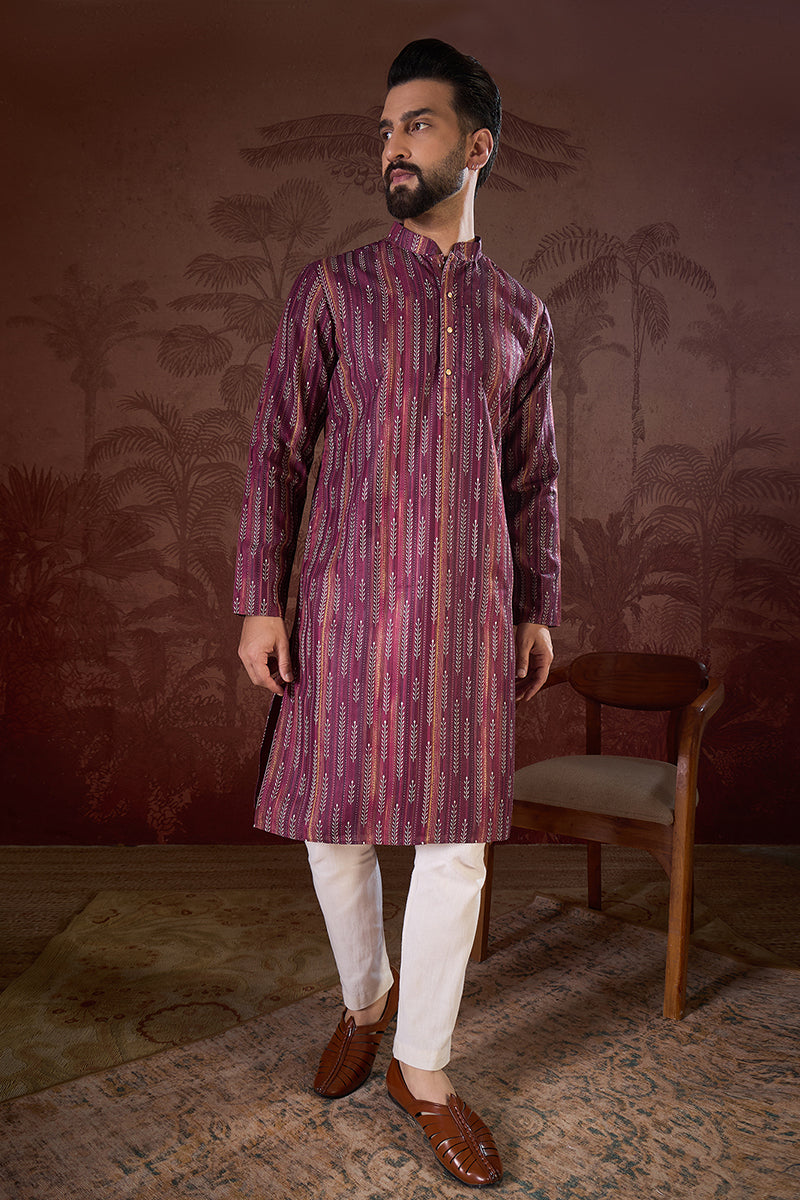 Mens Purple Silk Blend Striped Printed Straight Kurta