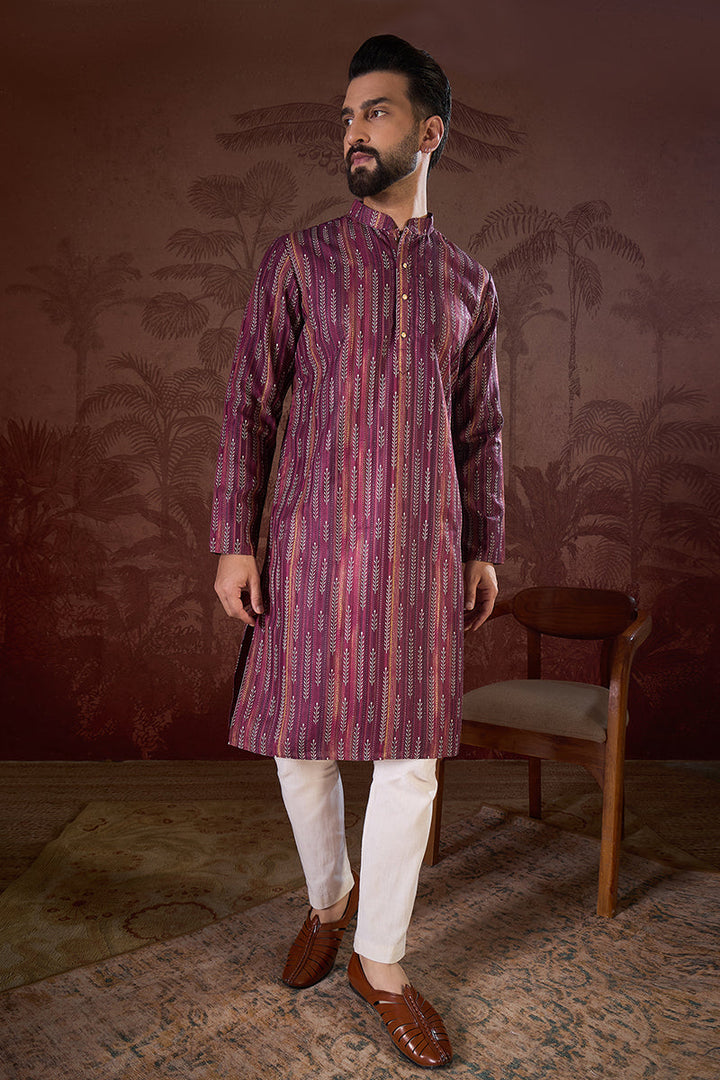 Mens Purple Silk Blend Striped Printed Straight Kurta