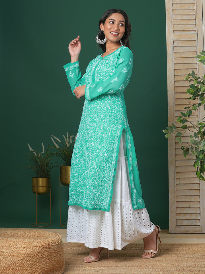 Sea Green Georgette Lucknow Chikan Kurta Only