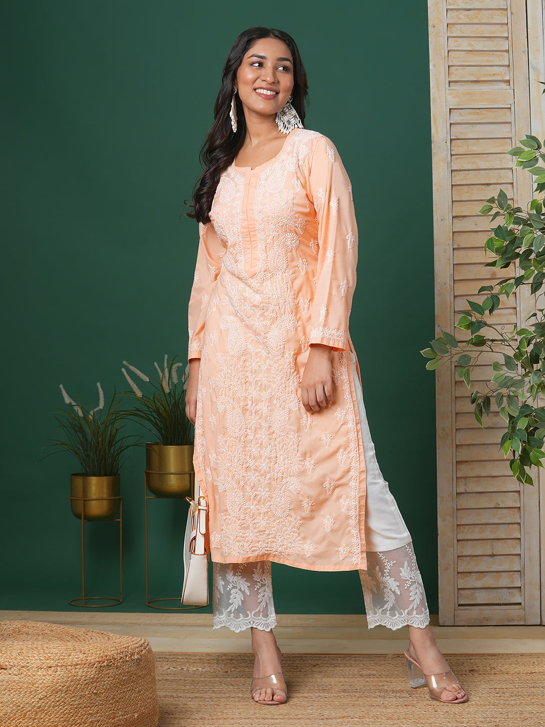 Hand Embroidered Lucknowi Chikankari Peach & White Cotton Kurta