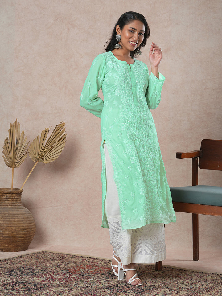 Hand Embroidered Lucknowi Chikankari Green & White Cotton Kurta